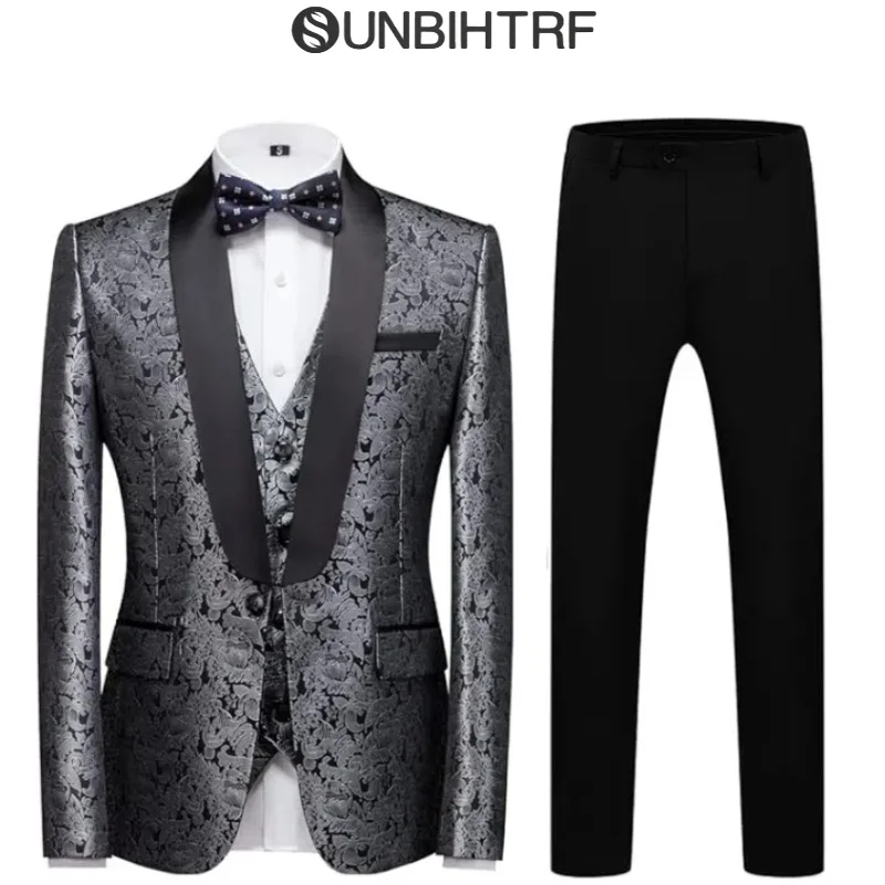 

Men's suit, slim-fitting three-piece wedding dress, business party jacquard tuxedo, men's suit jacket, vest and trousers