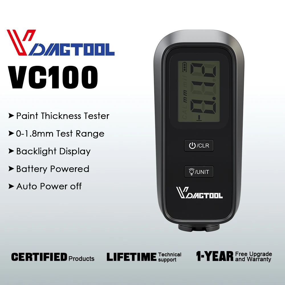 

VDIAGTOOL VC100 Digital Coating Thickness Gauge LCD Backlight Car Paint Tester FE & NFE Auto Measuring Meter Automatic Power Off