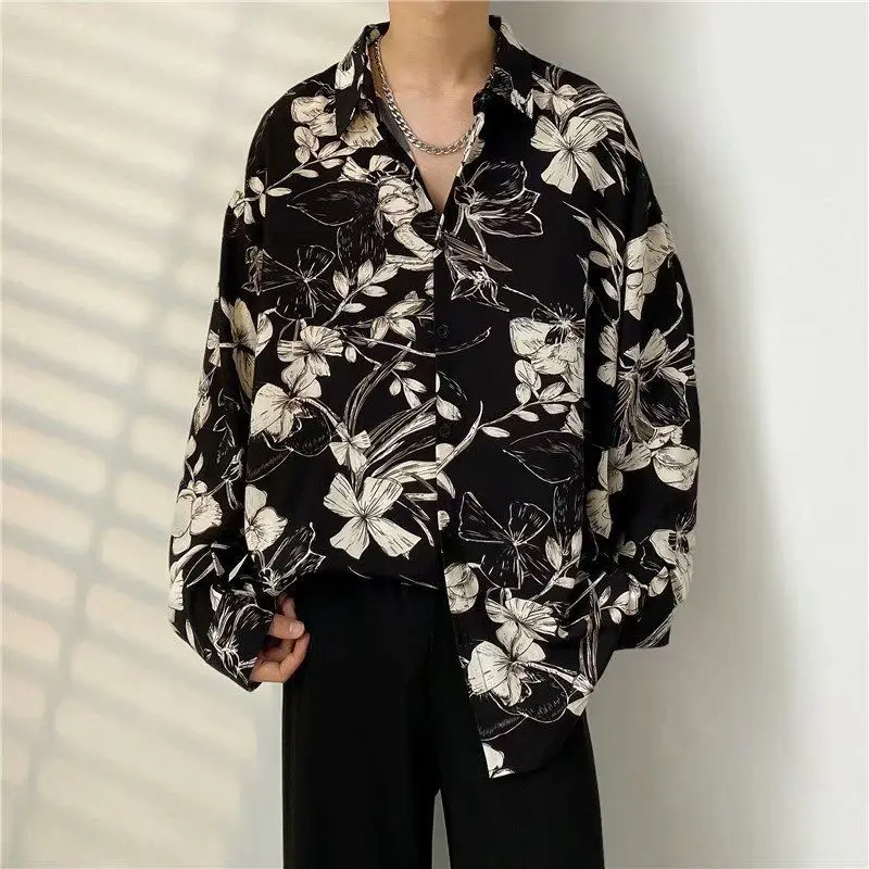 

Spring Summer New Men's Clothing Long Sleeve Lapel Fashion Casual Printed Loose Oversized Vintage Trend Hong Kong Breeze Shirt