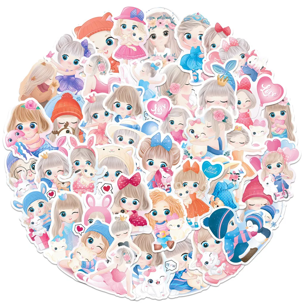 50 قطعة من ملصقات البنات - جرافيتي على شكل دمية لطيفة على شكل Q لأكواب المياه وحقائب الهواتف