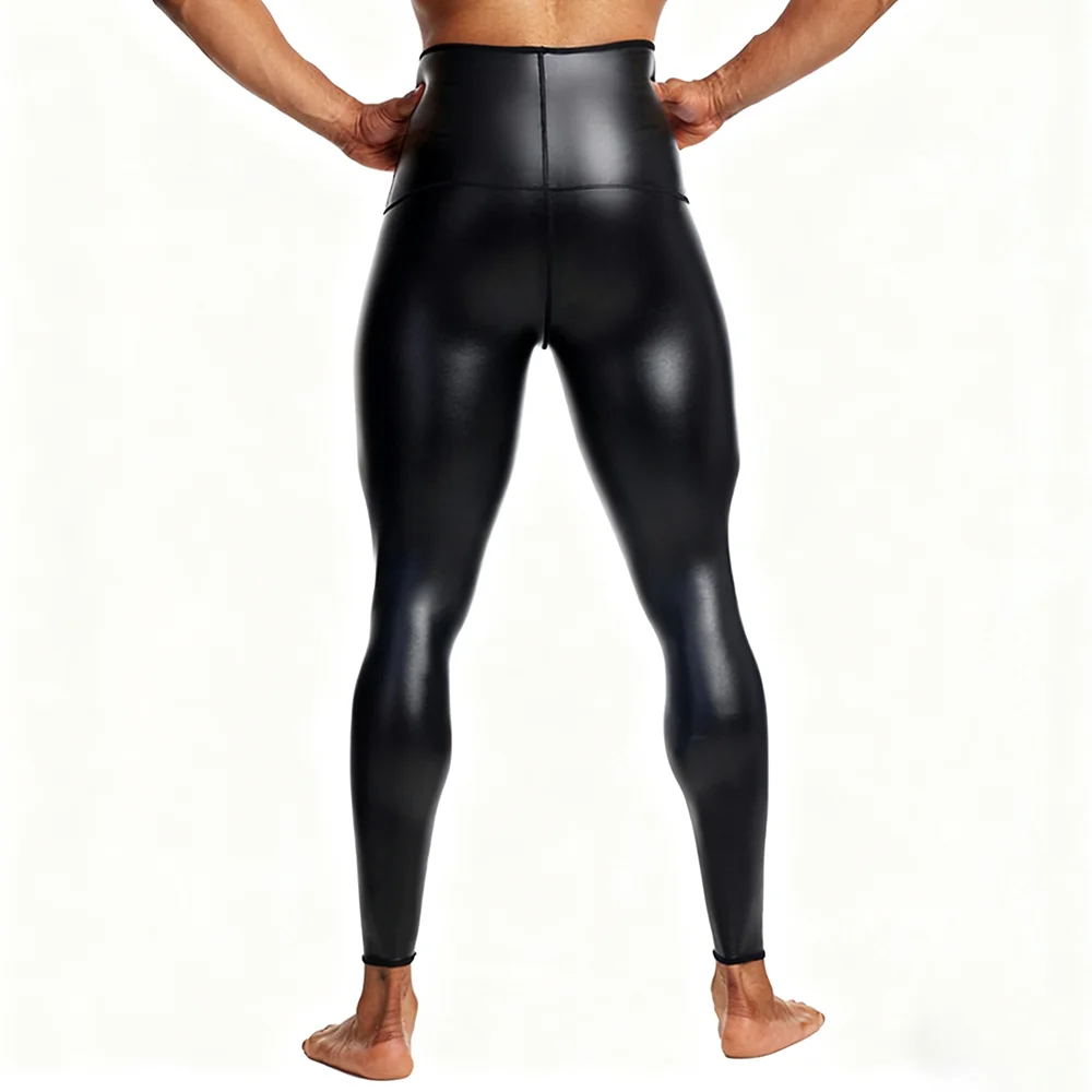 Sexy Men PU Leather Long Pants Black High-waisted Stretchy Yoga Pants Work Out Leggings Sport Fitness Push Up Compress Trousers