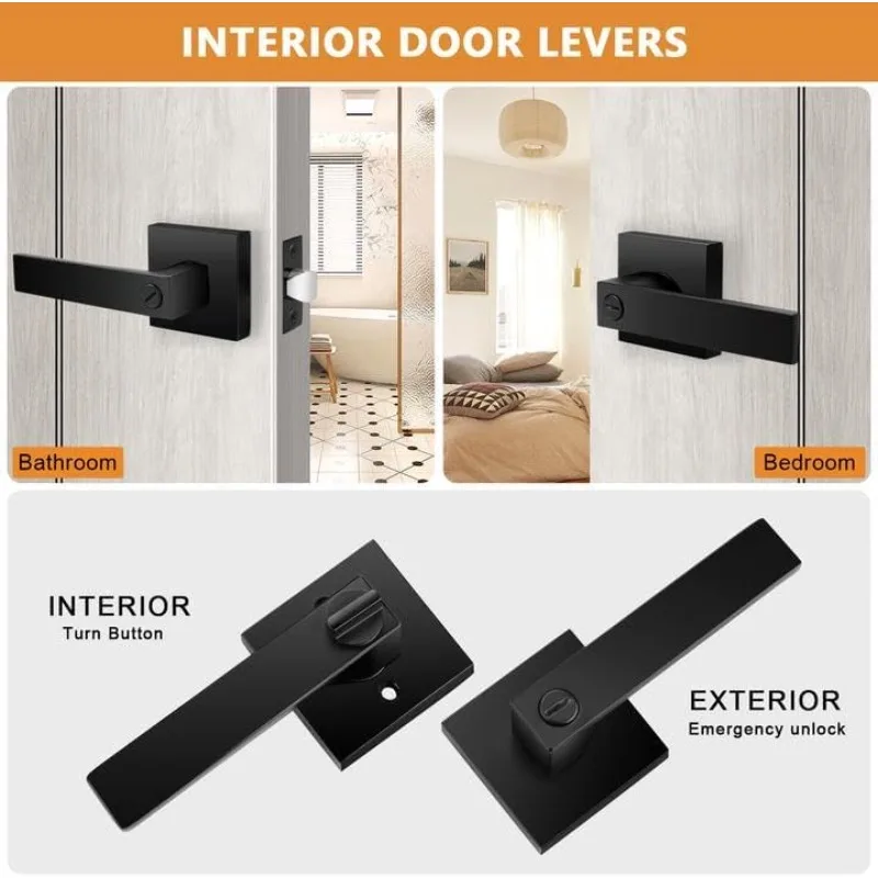 Heavy Duty Flat Black Square Privacy Interior Door Levers Bedroom and Bathroom Door Handles Keyless Bed/Bath Lockset