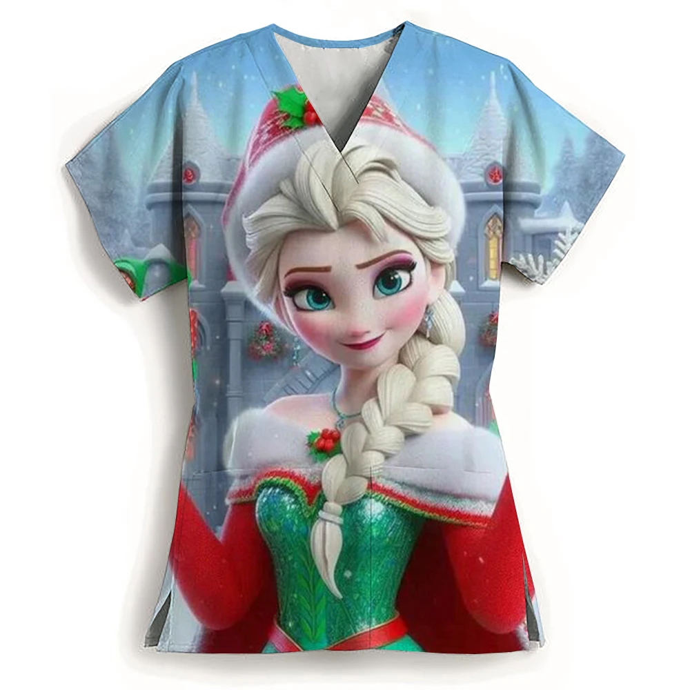 Christmas Disney Princess Women's Uniform Printed Frozen Elsa Snow White Short Sleeve V-neck Top Women's Shirt Nurse Uniform Med