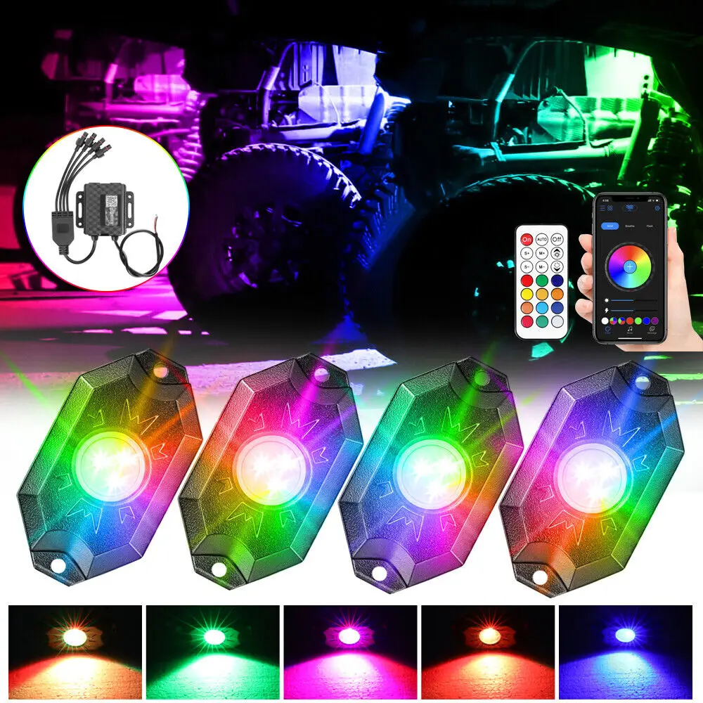 4 Pods RGB LED Rock Lights Bluetooth APP&Remote Music Multi-color Off Road Truck