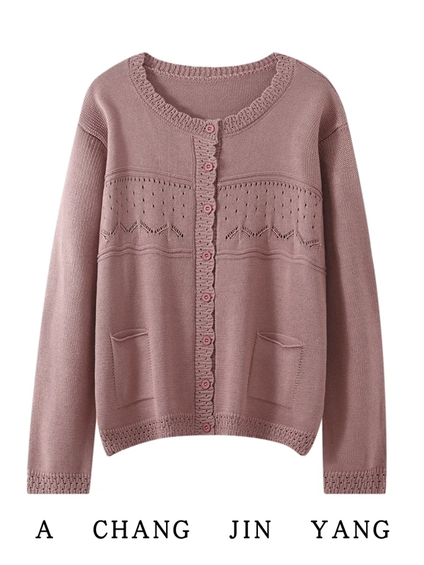 

Spring Autumn 2026 Women's round Neck Hollow out Knitted Long Sleeve Cardigan Loose Slimming Outerwear Soft Comfortable Sweater