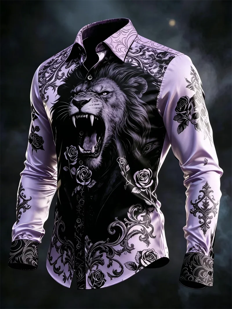 New Gradient Contrasting Art Geometric Print Men's Long Sleeved Shirt Trendy Brand Casual Slim Fit Shirt Clothing