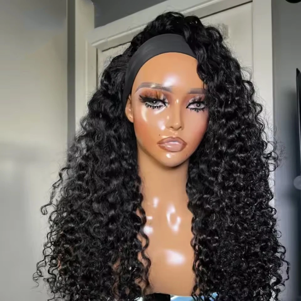 Deep Wave Headband Wigs Human Hair Pull Go Glueless Wig Half Wigs Full Machine Made Deep Curly Headband Wig 180%