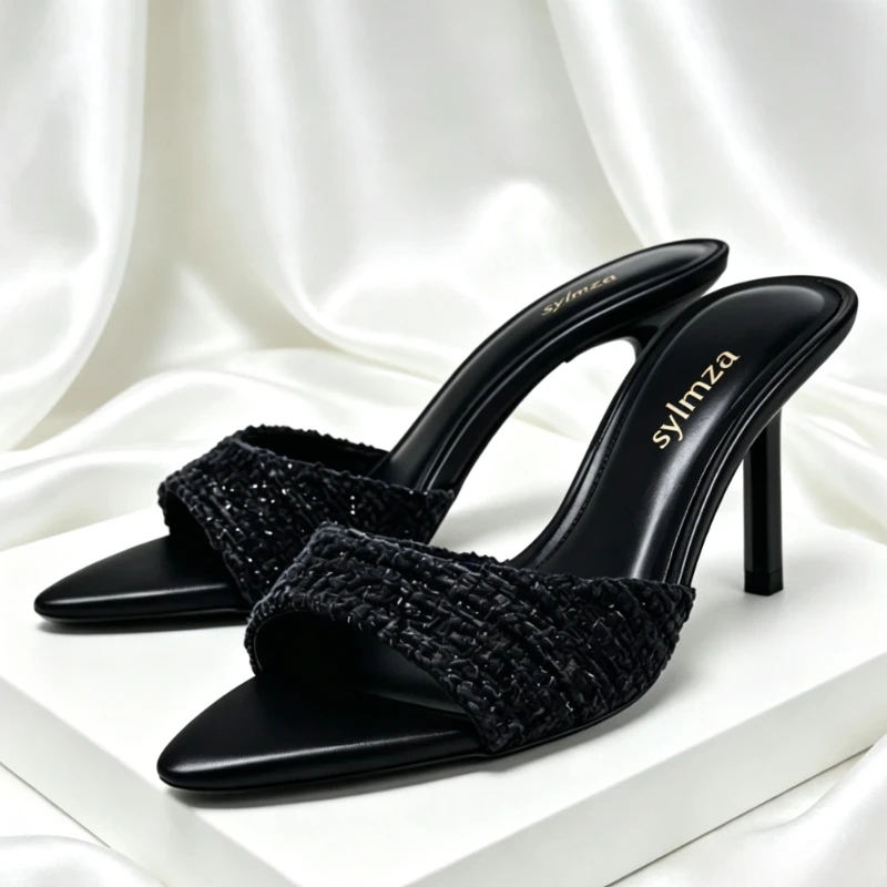 2026 Designer Fabric High Heels Sandals Woman Summer Sexy Pointed Toe Stiletto Slippers Elegant Peep Toe Banquet Slides Sandals