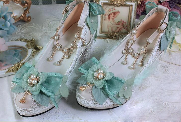 

Красота, жемчужный педант, мятно-зеленые свадебные туфли с цветочным кружевом и ремешком на щиколотке, туфли Лолиты на массивном высоком каблуке для девочек