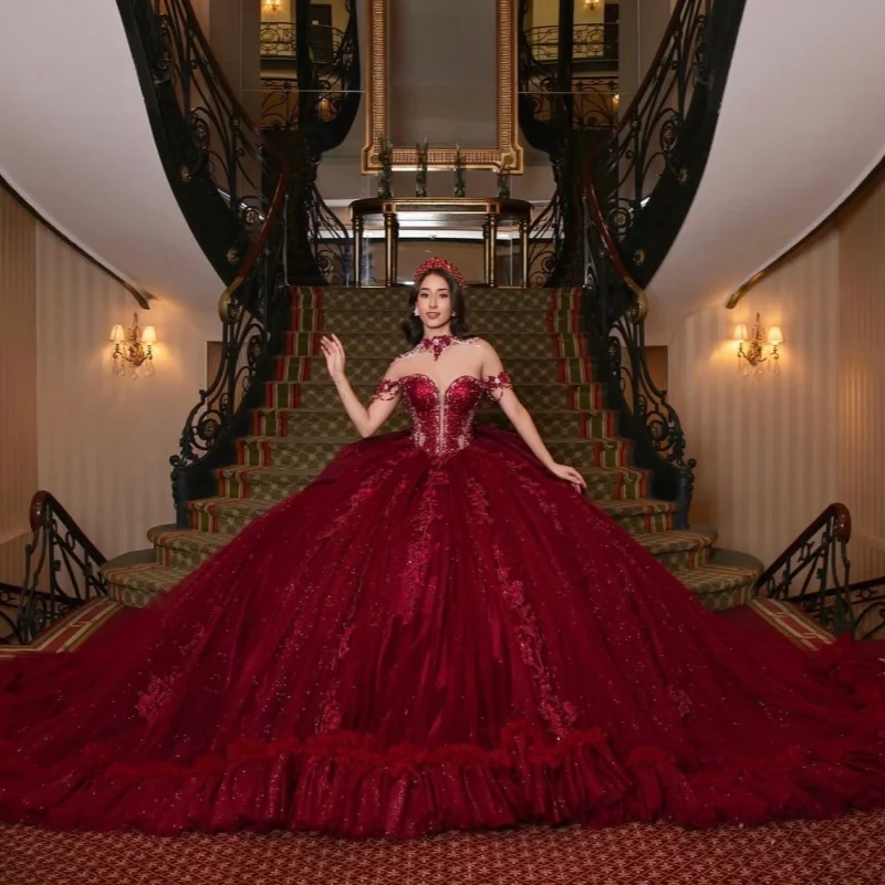 Wine Red Quinceanera Dress Crystal Glitter Flowers Decal Ruffles Long Tail Bow off-shoulder Vestidos De 15 Quinceanera ﻿Customiz