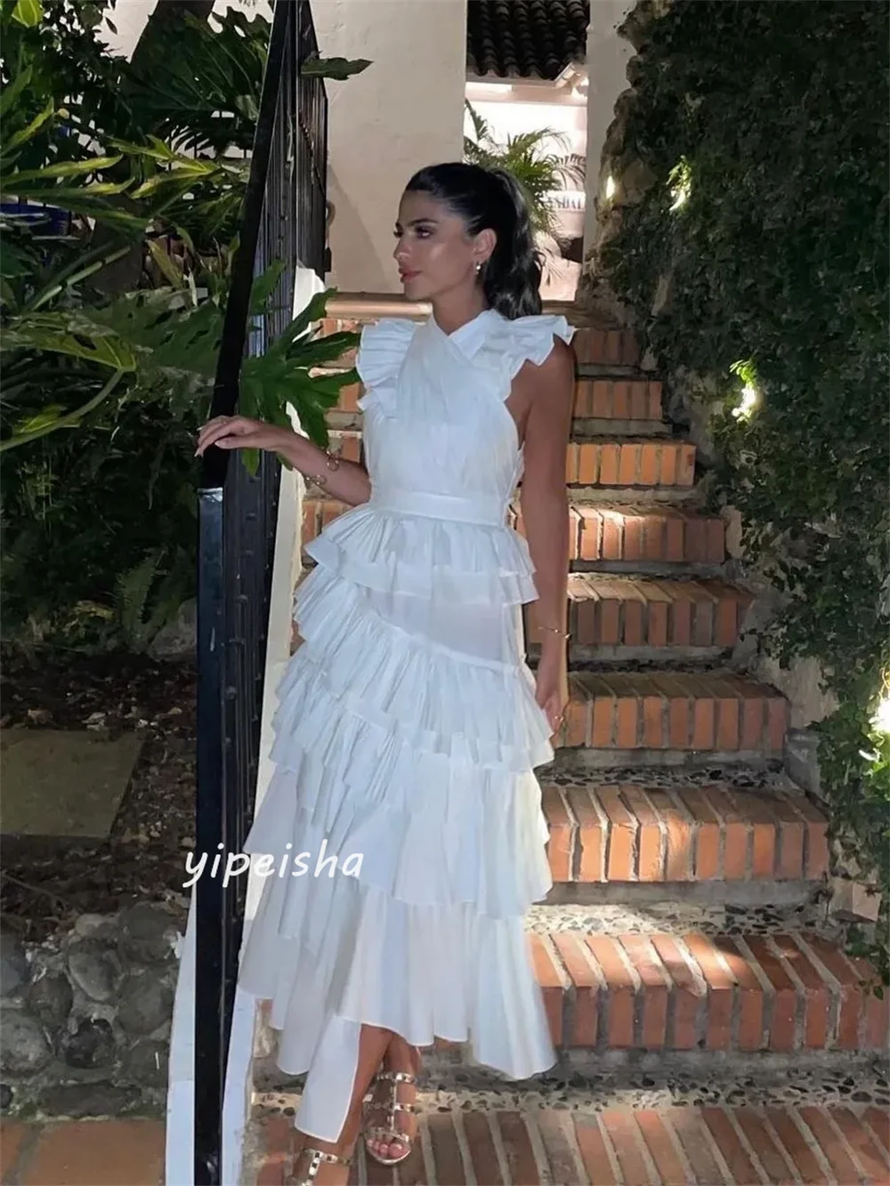 Customized Sparkle Exquisite  Evening Chiffon Ruched Tiered Graduation A-line High Collar Bespoke Occasion Gown Midi Dresses