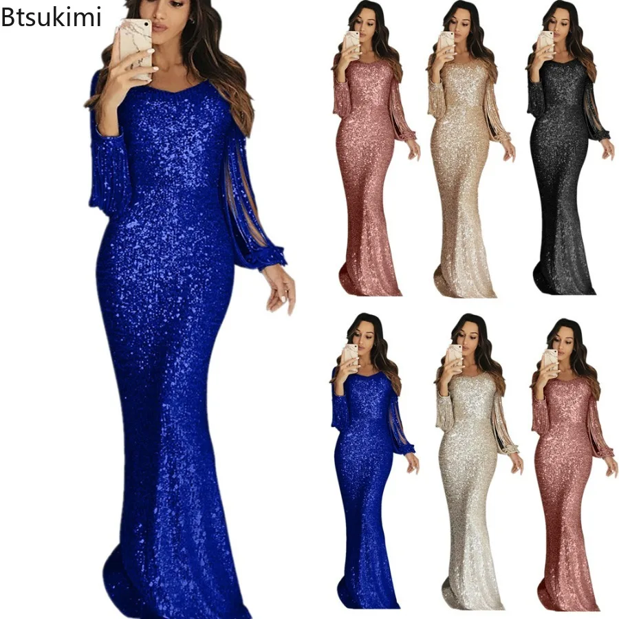 Neues 2026 Elegantes Damen-Langkleid Luxuriöses Pailletten-Design Hochzeits- und Abendkleider Weibliches Langes Kleid mit Quastenärmeln und Bodycon-Schnitt