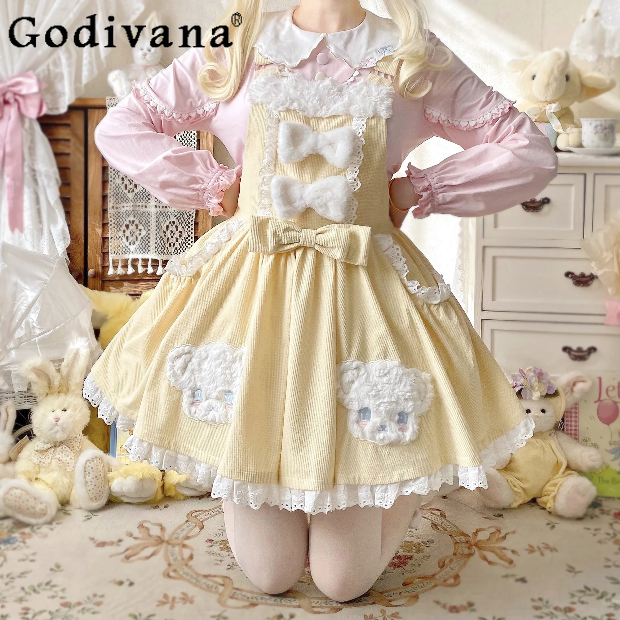 

Women's Lolita Straps Dress Soft Girls Autumn and Winter Plush Bow Strap Cute Sweet Bear Sticker Embroidered Suspender Dress