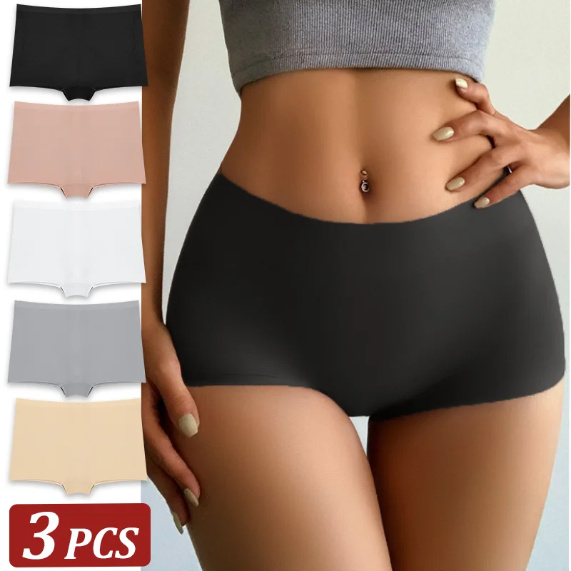 3Pcs Women's Seamless Boxer Underwear Female Solid Color Sports Panties Comfortable Briefs Cozy Lingerie Intimate Underpant S-XL