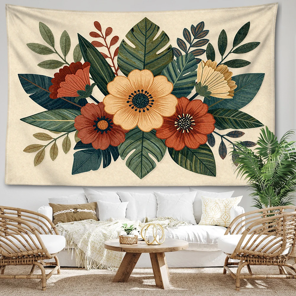 Beige Vintage Flower Leaf Combo Printed Tapestry Wall Hanging Bohemian Style Bedroom Home Decor