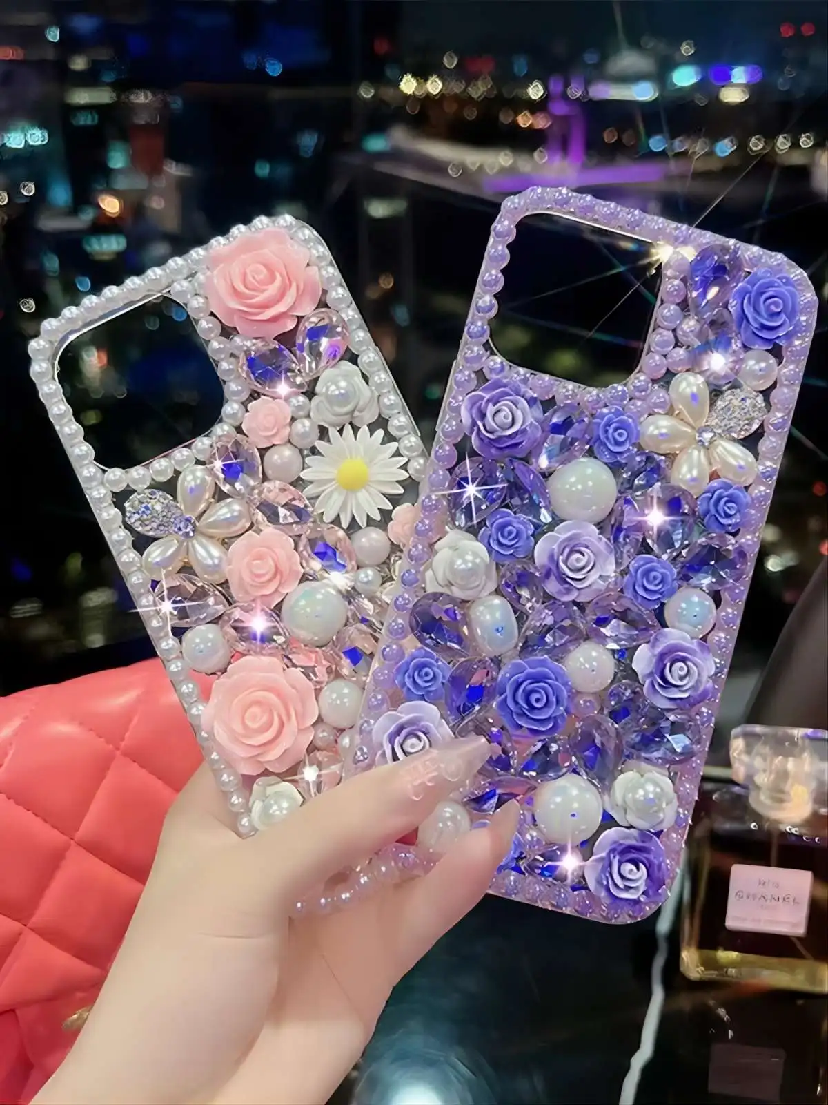 Luxury Bling Diamond Rose Phone Case for iPhone  14 13 12 11 Pro Max Plus XR XS X 3D Floral  Pearl Bling Rose Diamond Cover