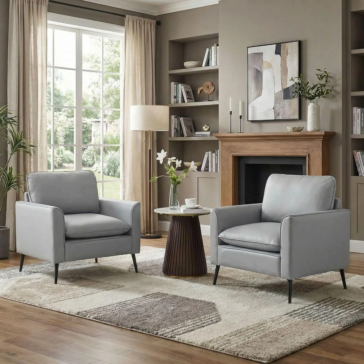#Mid Century Faux Leather Accent Chair Set,Comfy Reading Armchair For Living Room Office Bedroom,2 Pack Grey,Customized
