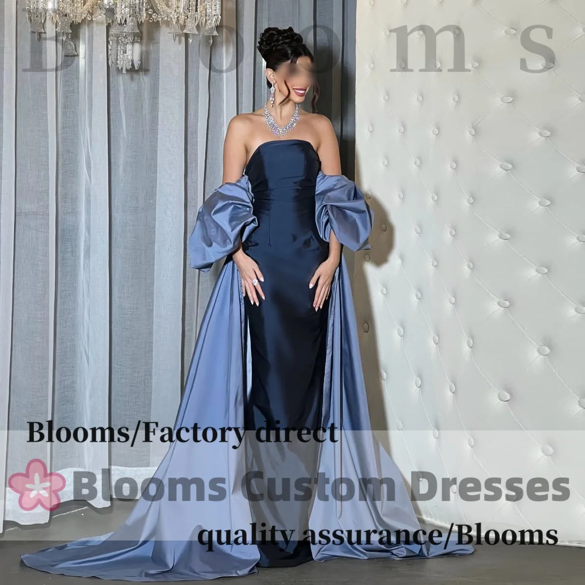 

Customized Sweet Simple Blue Evening Dresses Puff Sleeves Long Cape Formal Gown Elegant Party Dresses