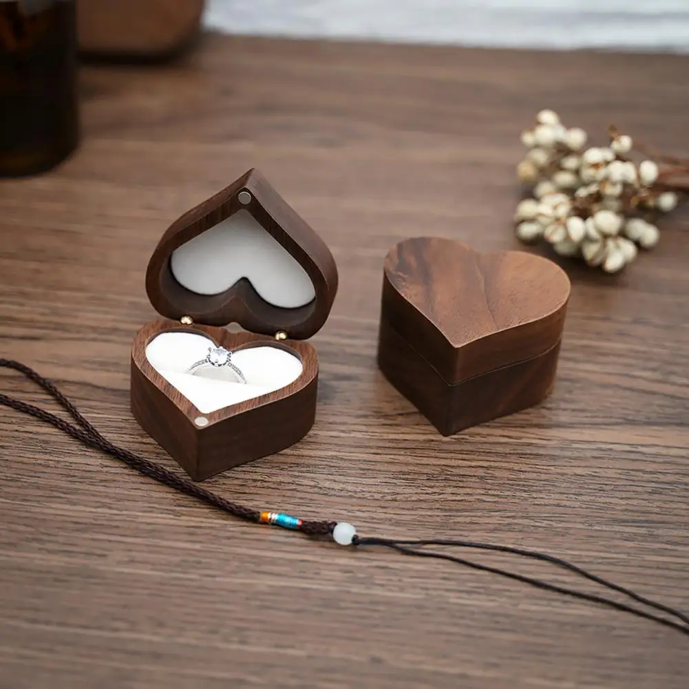 Ring Box Love Heart Shaped Smooth Edge Elegant Wood Grain Jewelry Container Decorative Engagement Ring Holder Box for Home