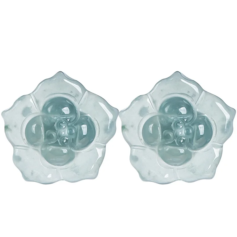Original Natural A-grade Jade Blue Water Peach Blossom Earrings Ice Jade Petals S925 Silver Inlaid Antique Style Women\'s Jewelry