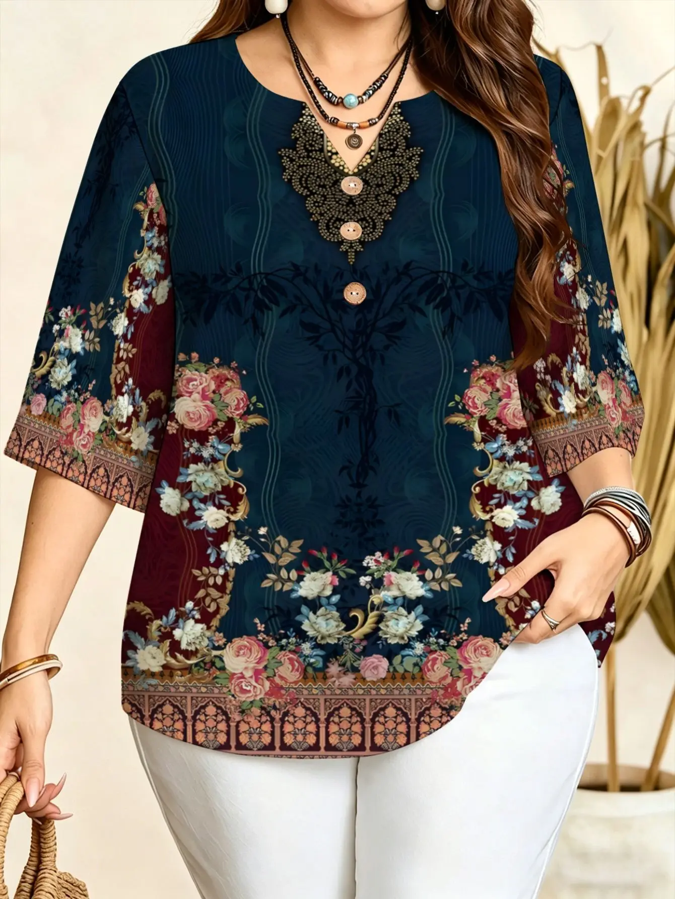 Women Notch V Neck 3/4 Sleeve Blouse Bohemian Mandala Paisley Vintage Floral Ethnic Print Vacation Daily Loose Top