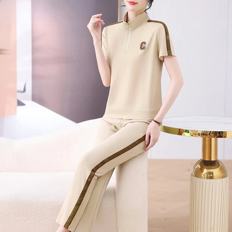 

Loose Sportswear Set for Mom Summer New Sle ort Sve T-irt Two-Piece Suit Comfortable Polyester Fiber Faionable Zipper