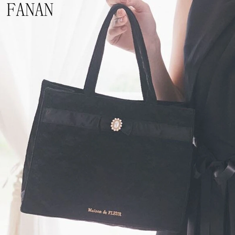 Lace Powder Jacquard Women's Handbags Ribbon Square Tote Bag Japanese Style Ladies Hand Bags Solid Color Top-Handle Bags view 5