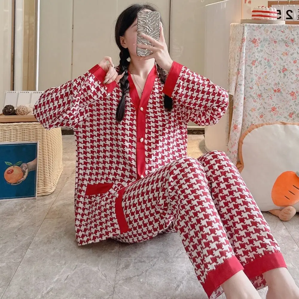 أزياء الخامس الرقبة شبكة منامة المرأة عارضة فضفاض قطعتين ملابس نوم ربيع الخريف Homewear ليوبارد ملابس خاصة مجموعة المنزل #3