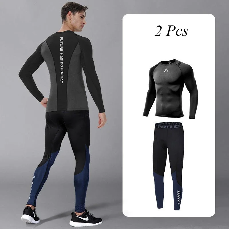 Spring Autumn Fitness Set Men's Tight Long Sleeve Quick Dry Training Suit Sports Running Football Basketball Base Clothes Top