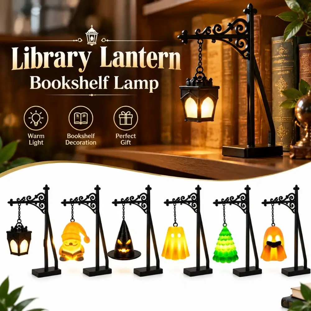 Warm Library Lantern Bookshelf Lamp Ghost Halloween LED Bookshelf Lighting Christmas Santa Claus Vintage Miniature Street Lamp
