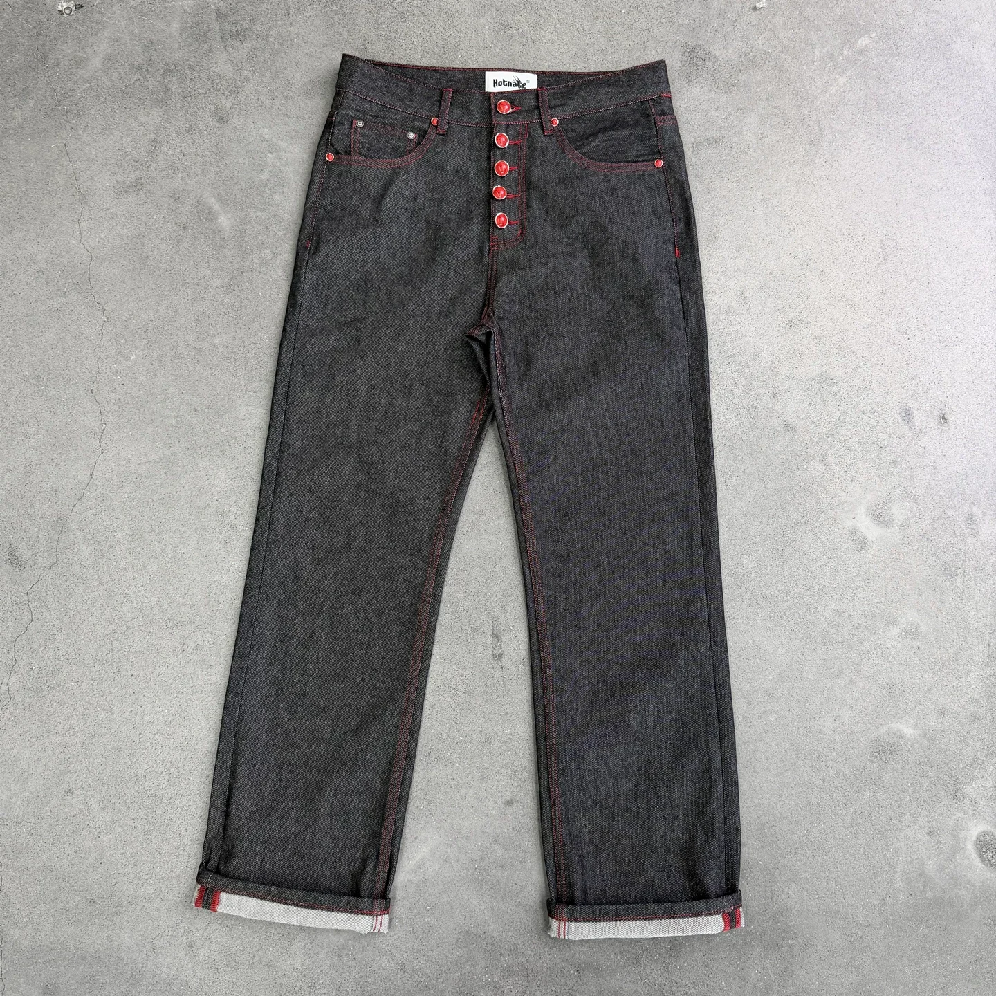 Black Tapered Jeans Men Red Raw Turquoise Stitching Straight Leg Casual Jean Pants Streetwear Y2K Slim Fit Vintage Denim Pant