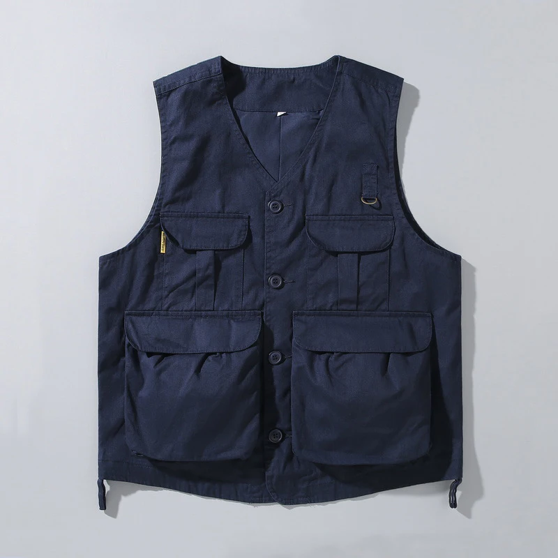 

2023 Autumn Winter New Men's Vintage Vest 100% Cotton Machine Capable Multi Pocket Jacket Fashion Loose V-Neck Sleeveless Coat