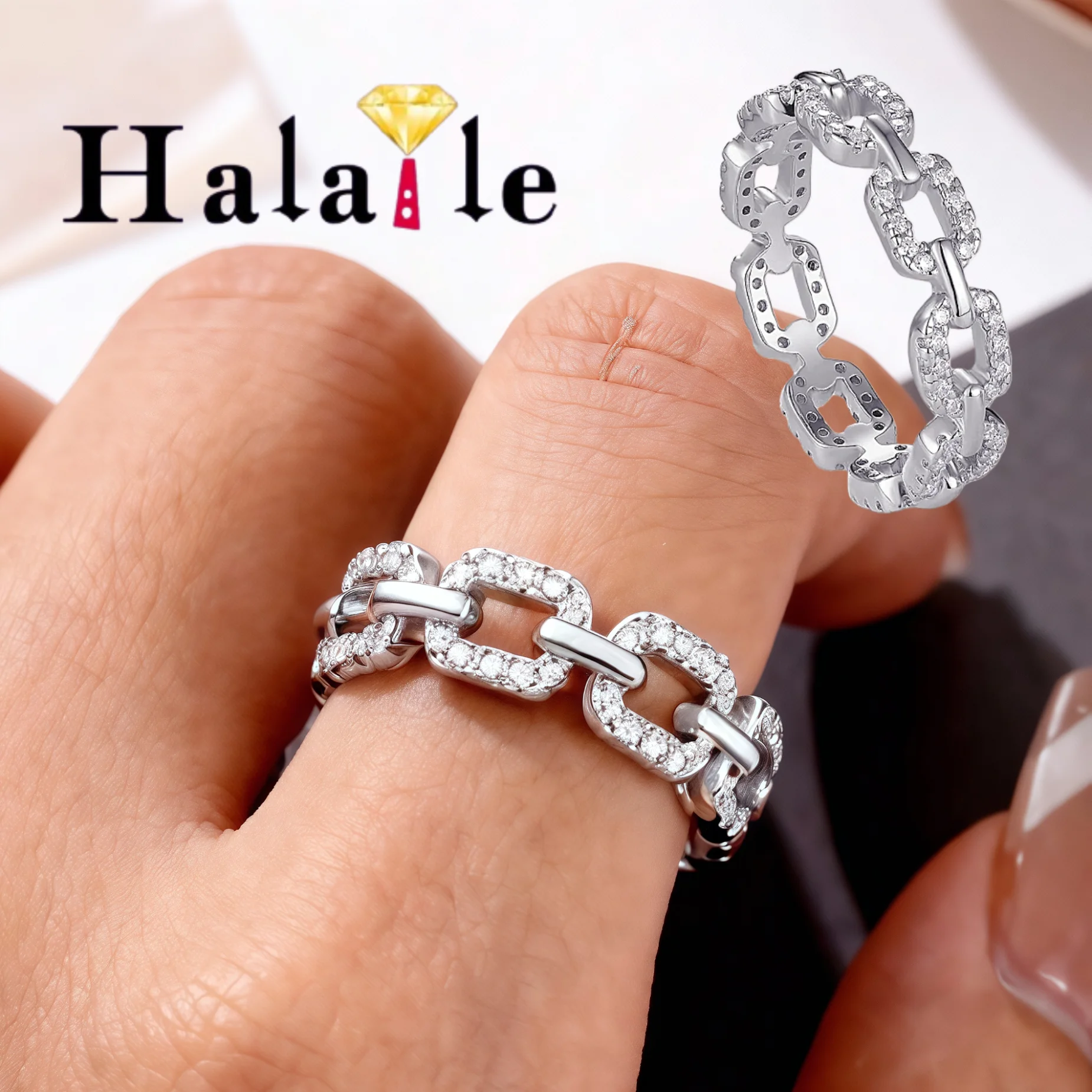 

Halaile 1mm D Color Full Moissanite S925 Sterling Silver Stackable Twist Chain Ring Trendy Fine Jewelry Women Elegant Gift