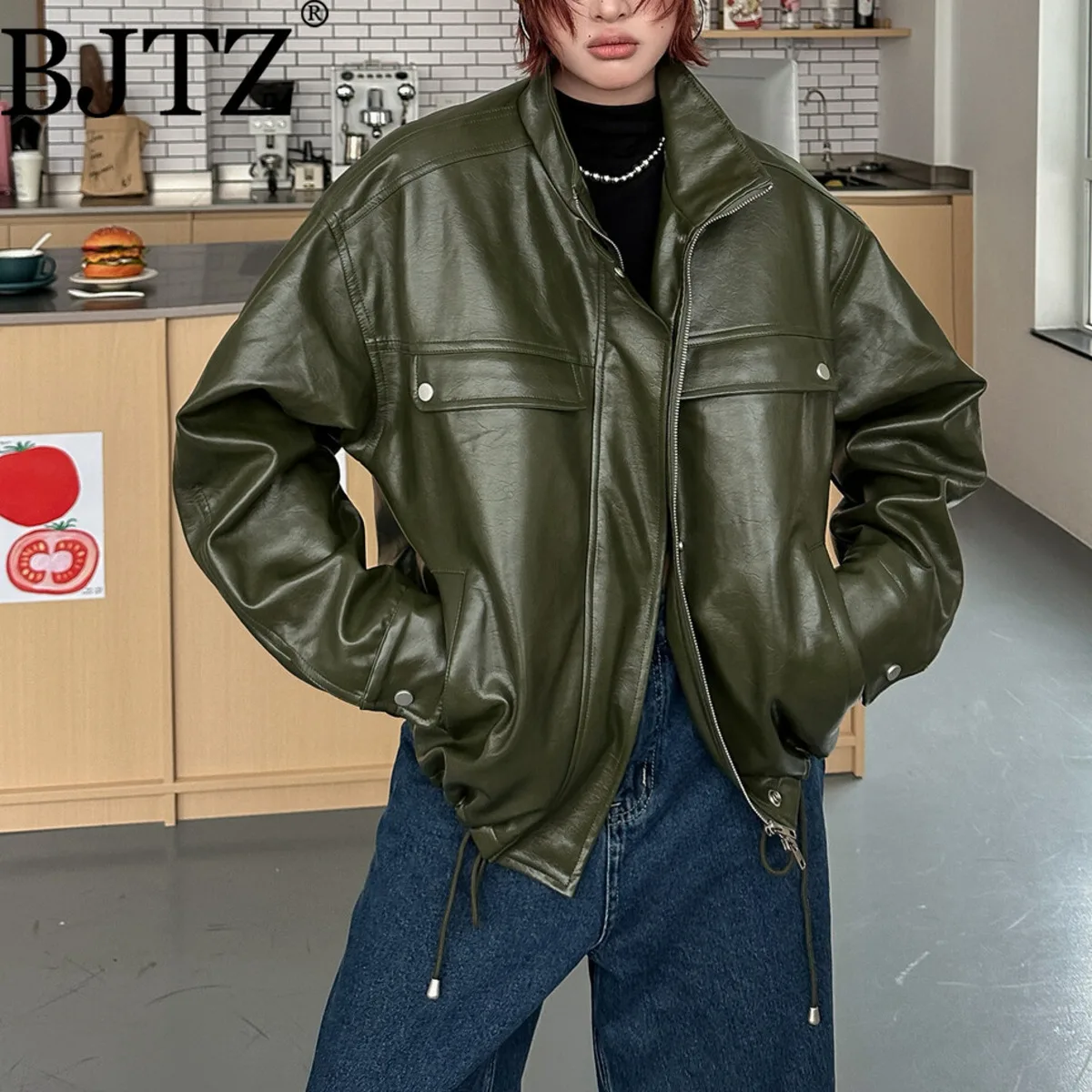 

BJTZ Vintage Heavyweight Leather Biker Jacket Designer Elegant Minimalist Premium Quality Comfortable Women’s Autumn Winter 25