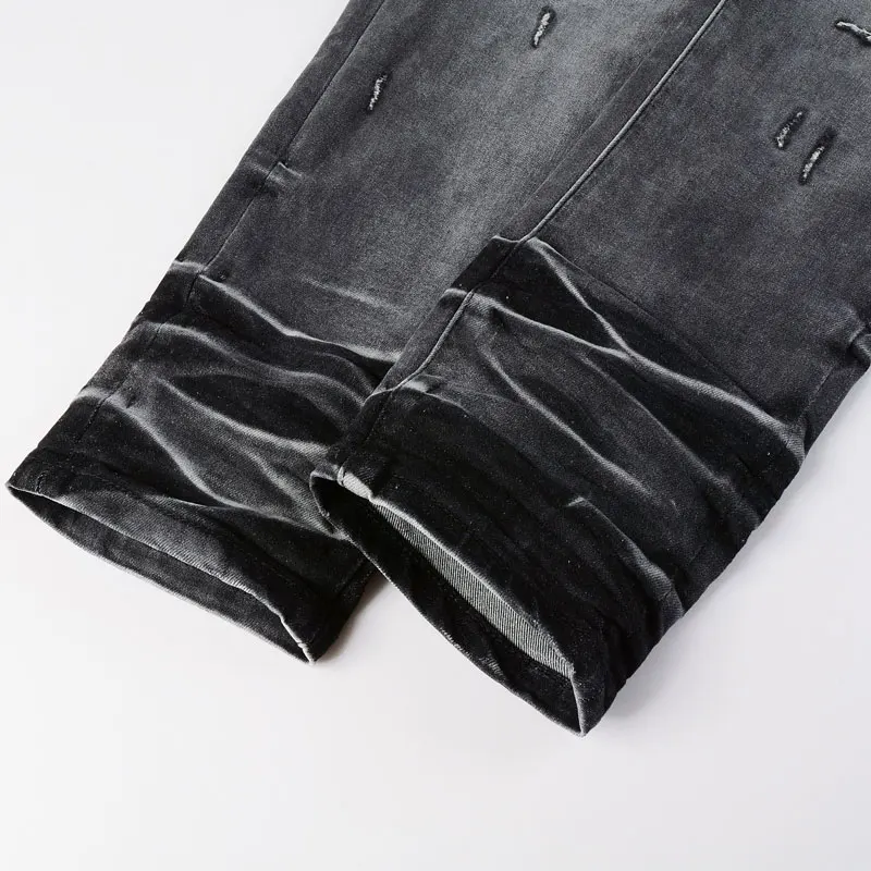 

Fashionable men's jeans with retro washed craftsmanship, elastic slim fit cut, black gray patchwork patch, designer trendy stree