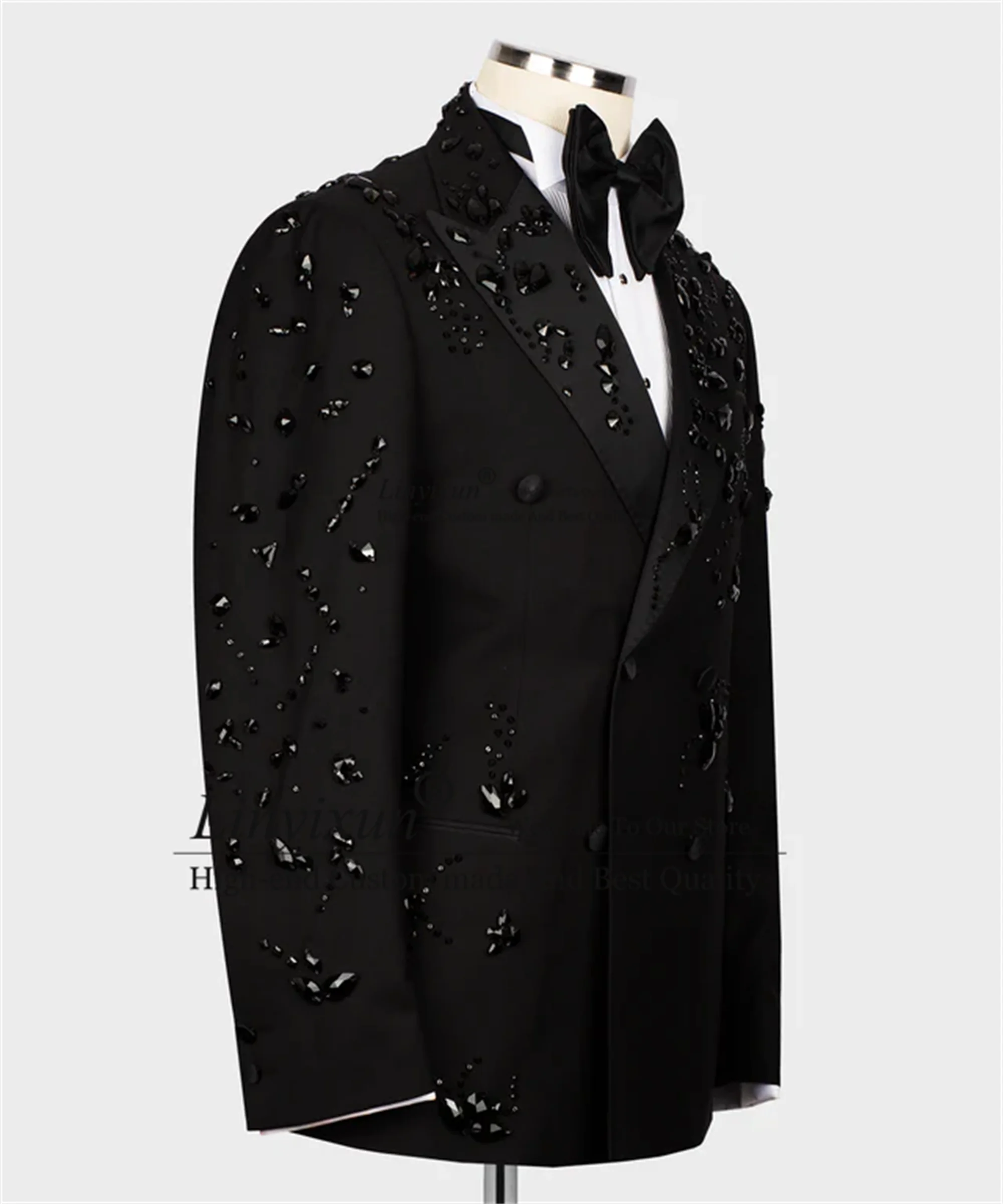 Black Stone Embroidered Men Suits Luxury Beaded Crystals Groom Male Prom Blazers 2 Pieces Sets Double Breasted Costume Homme