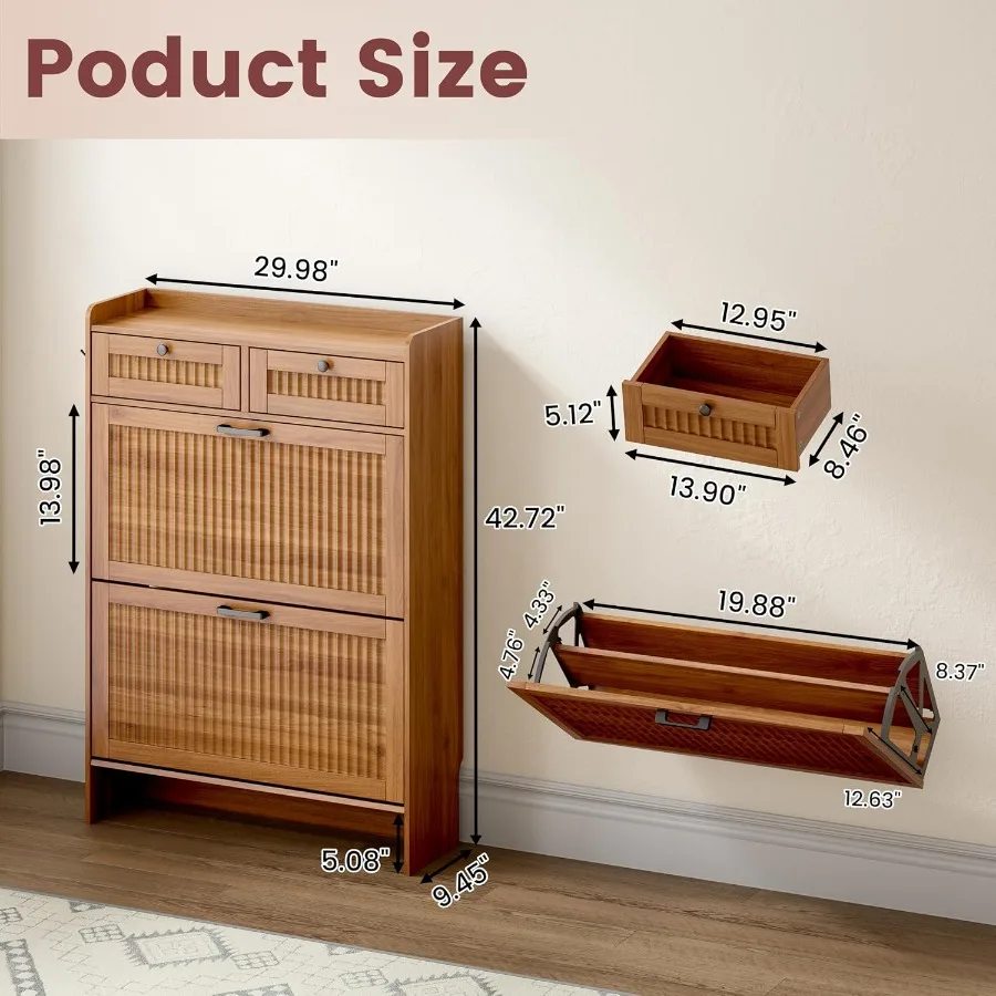 Fluted Shoe Cabinet for Entryway, 2 Flip and 2 Top Drawers