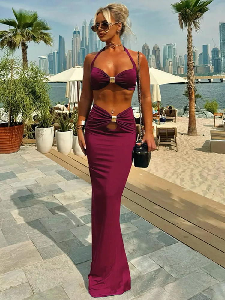 Sexy Halter Neck Tube Top High Waist Slim Long Dress Set Women 2025 Summer New Solid Color Two-Piece Set Holiday Beach