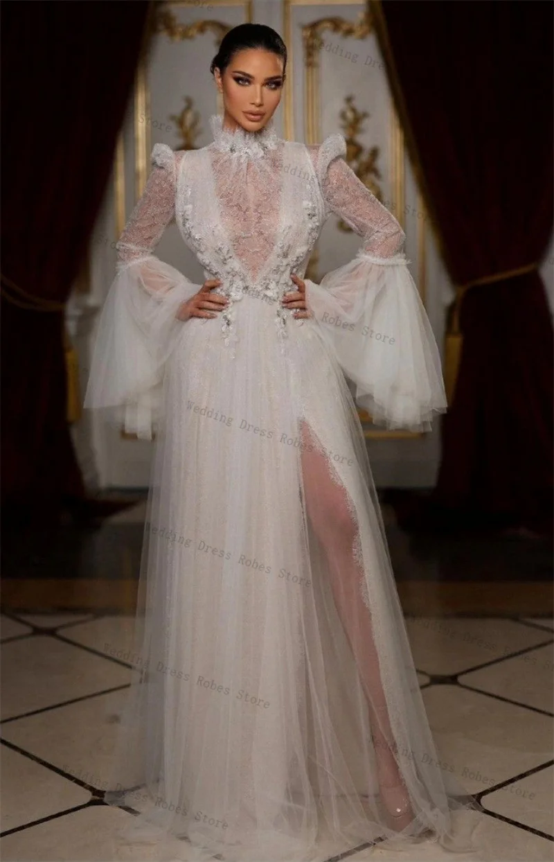 

White Lace Tulle Woman Prom Dress Sexy Side Split High Neck Flare Sleeves Night Gown Bridal Morning Robes Sleepwear Customized