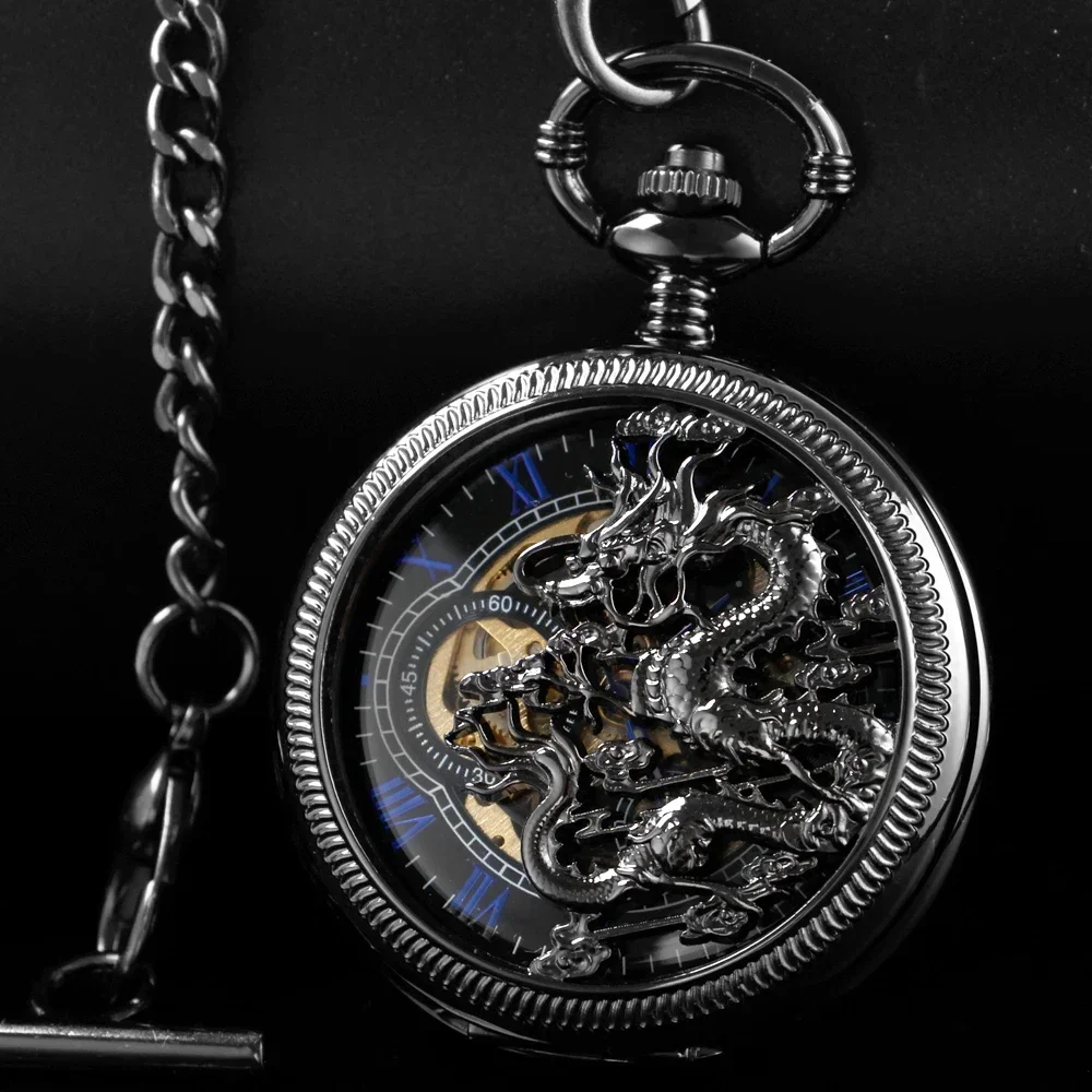 

Vintage Style Black Mechanical Pocket Watches Mens Lucky Dragon Skeleton Antique Roman Numerals Dial Pocket Watch