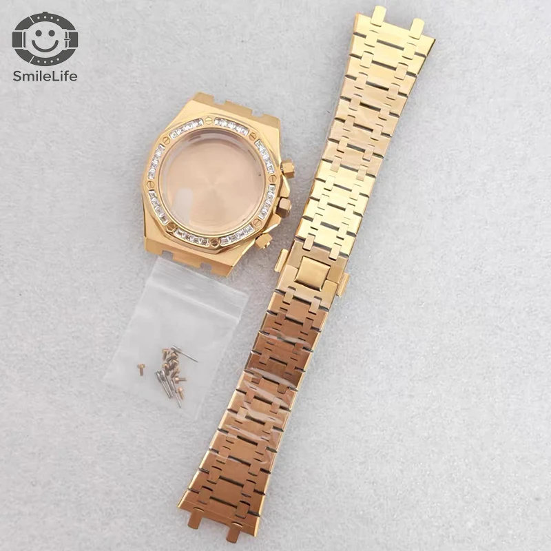 SmileLife VK63 41mm Gemstone Outer Ring Gold Watch Case With Strap Sapphire Glass Fit VK63 Quartz Movement Watch Accessories