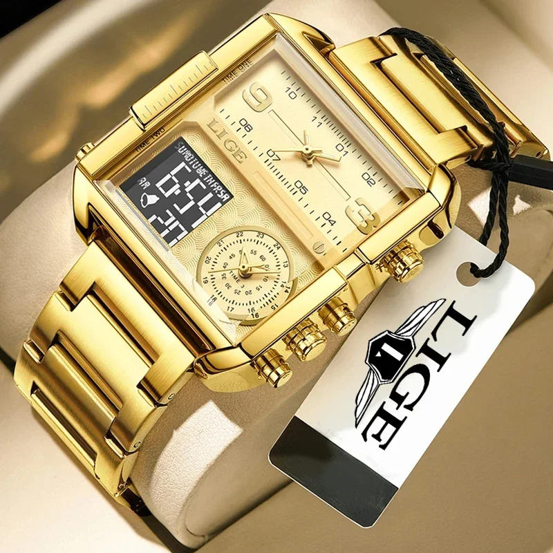 Display New Watch LIGE Top Watch Dual Quartz Gold Watches