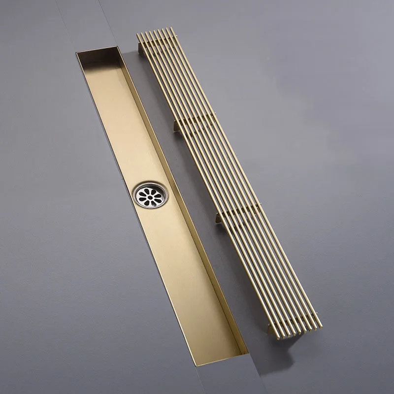 brushed Gold Floor Drain 600mm or 800mm Stainless Steel Bathroom Anti-Odor Wire Strainer Drain Balcony Toilet Kitchen Drains