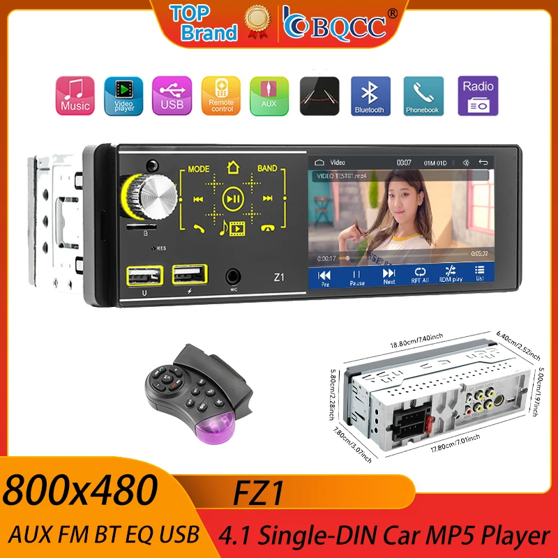 

BQCC4.1 Inch 1DIN Carplay Android Auto Car Radio MP5 Player Bluetooth FM USB BT5.1 TF Mirror Link 60W x4 Wiring Protection