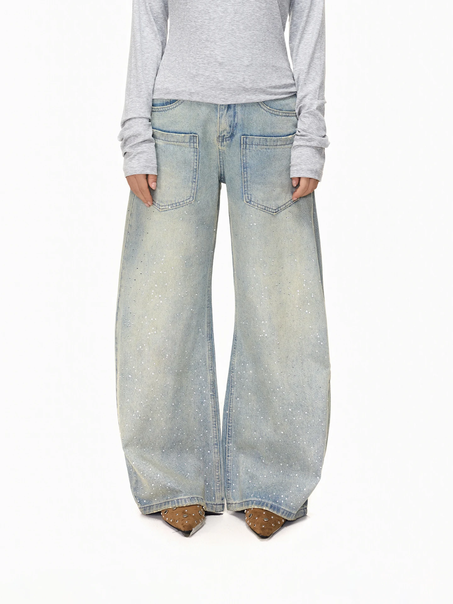 

Джинсы SUNDAYPLAN в американском ретро-стиле с стразами, женские свободные широкие брюки в пол, модные повседневные хлопковые брюки на молнии