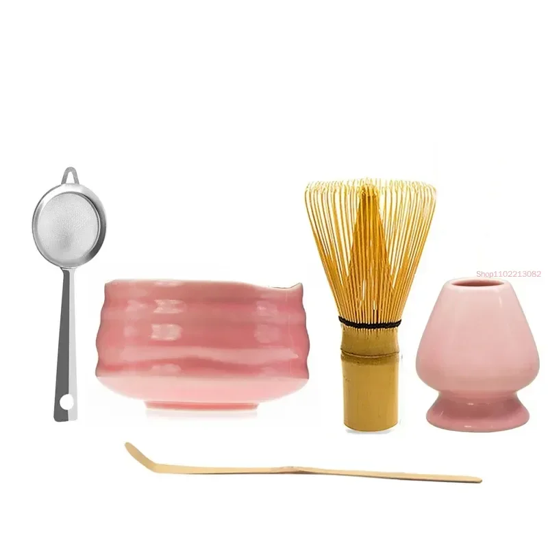 Cuenco Matcha rosa brillante de cerámica japonesa, batidor de té Macha, soporte Chawan Chasen, cuchara, tamiz, taza, juego de regalo para ceremonia