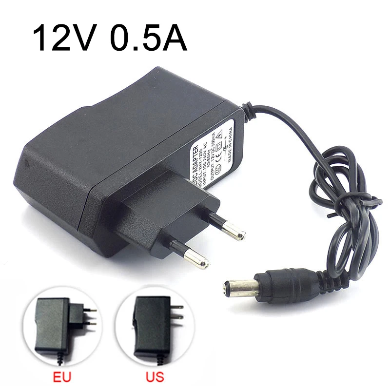 

AC to DC 100-240V Camera Power Adapter Supply Charger 12V 0.5A 500mA for LED Strip Light 5.5mmx2.1mm US/EU/AU