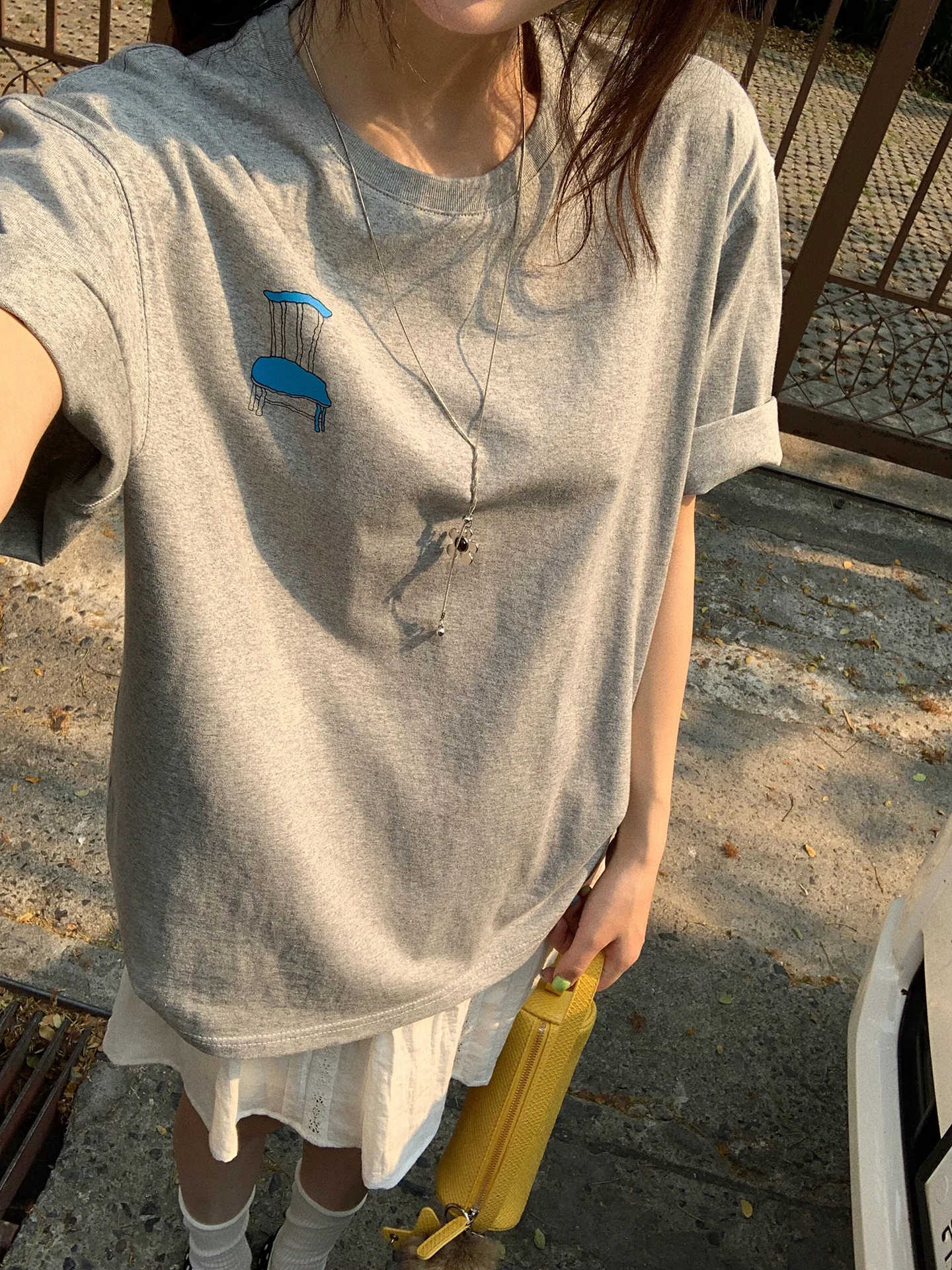 Comfortable Blue Chair Print T-Shirt Loose Casual Short Sleeve Women's Summer New Style Elastic Fiber Cotton Korean Version