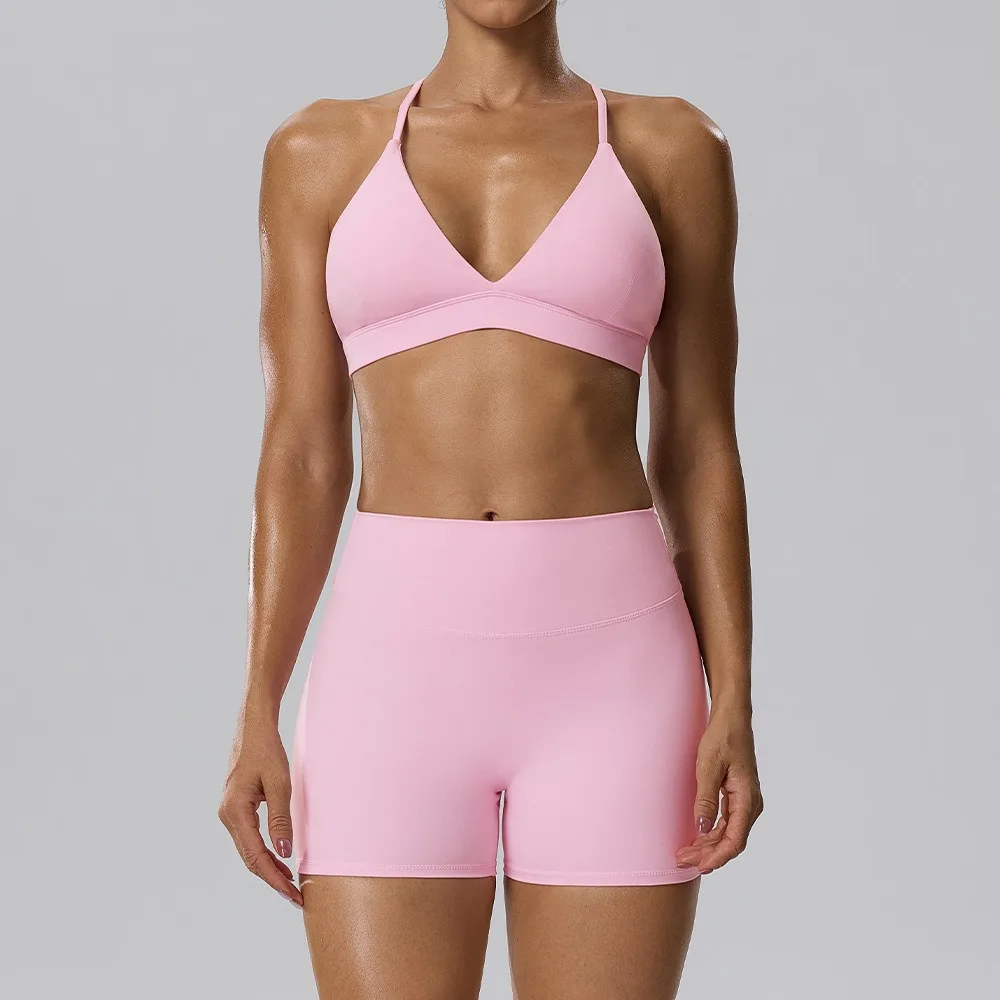 2PCS Women Solid Color Gym Suit Streth Slim Yoga Set High Waist Elastic Running Shorts Bra Running Sportswear Workout Clothes