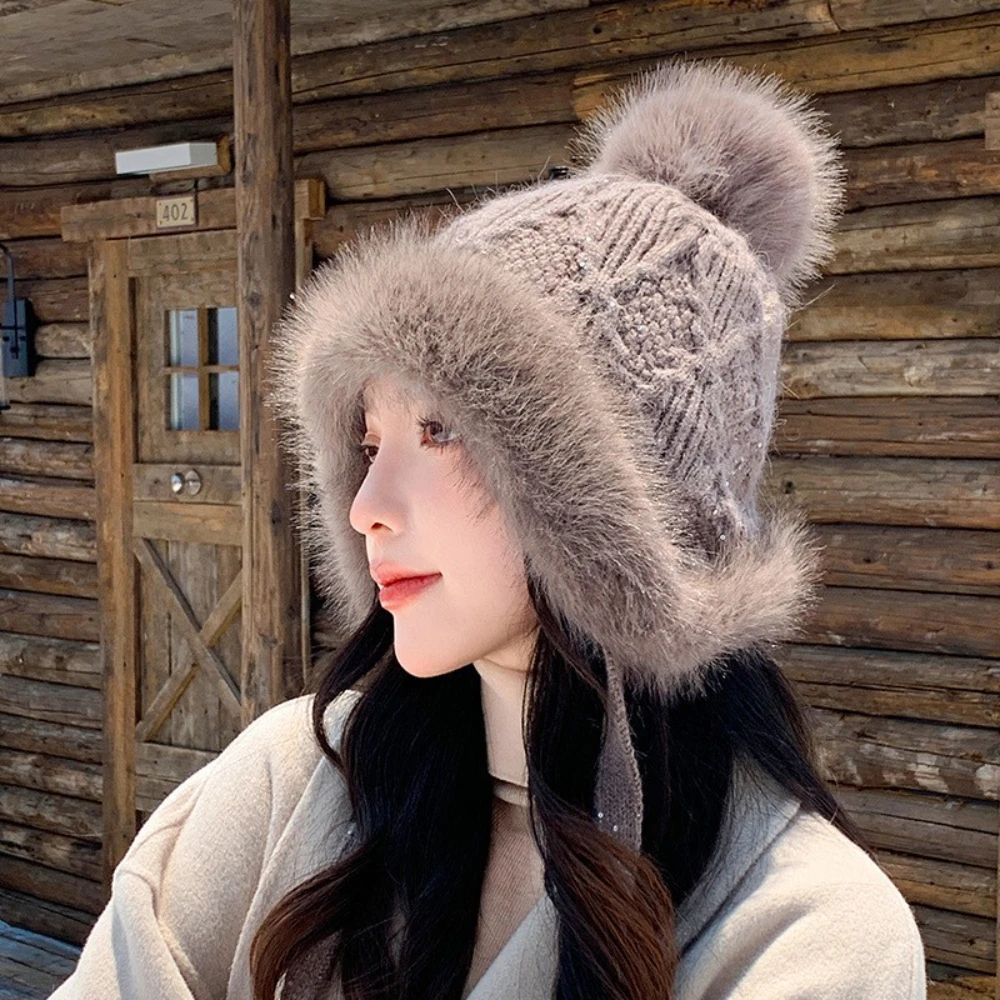 New Imitation Rabbit Fur Warm Winter Hat For Women Cute Thick White Fluffy Ball Hat Earmuffs Slippers Plush Hat